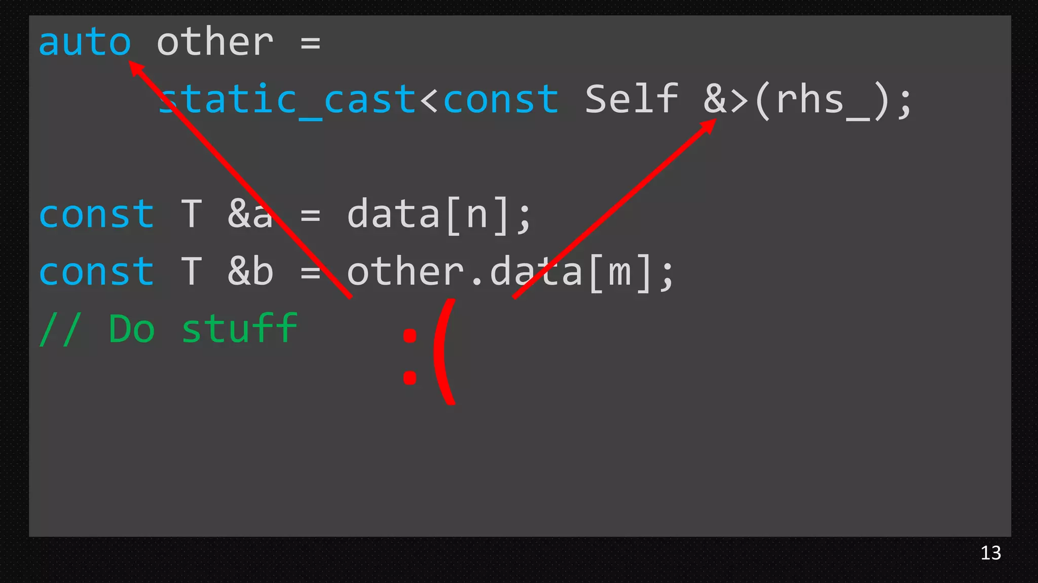 13
auto other =
static_cast<const Self &>(rhs_);
const T &a = data[n];
const T &b = other.data[m];
// Do stuff
:(
 