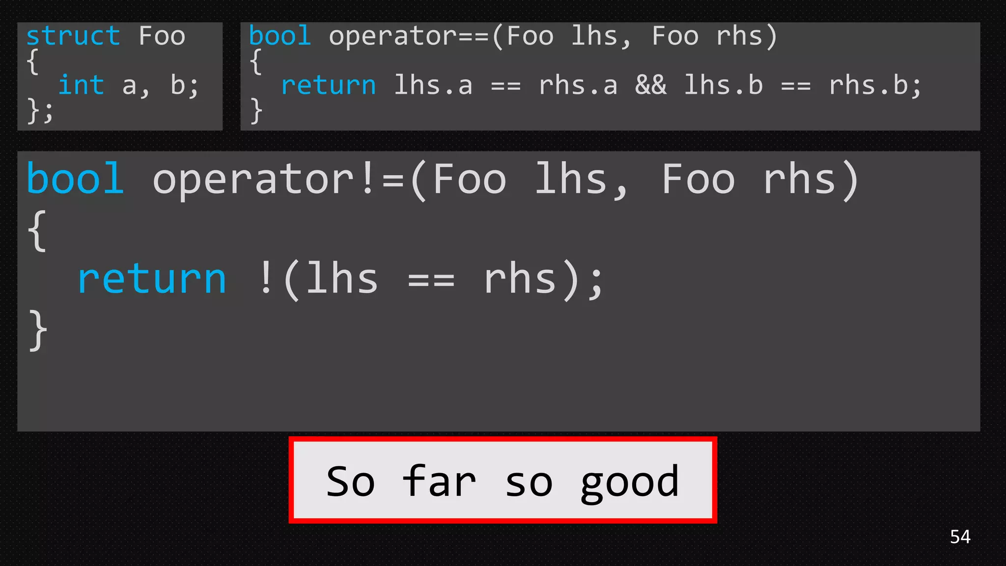 54
struct Foo
{
int a, b;
};
bool operator!=(Foo lhs, Foo rhs)
{
return !(lhs == rhs);
}
bool operator==(Foo lhs, Foo rhs)
{
return lhs.a == rhs.a && lhs.b == rhs.b;
}
So far so good
 