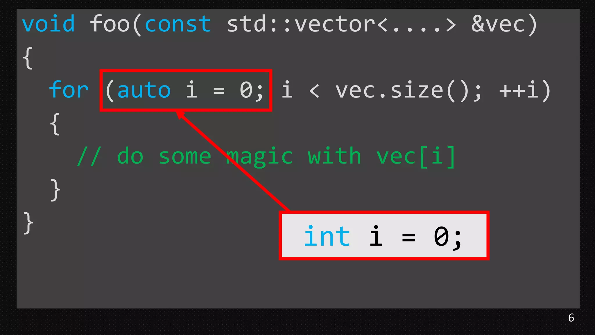 6
void foo(const std::vector<....> &vec)
{
for (auto i = 0; i < vec.size(); ++i)
{
// do some magic with vec[i]
}
}
int i = 0;
 