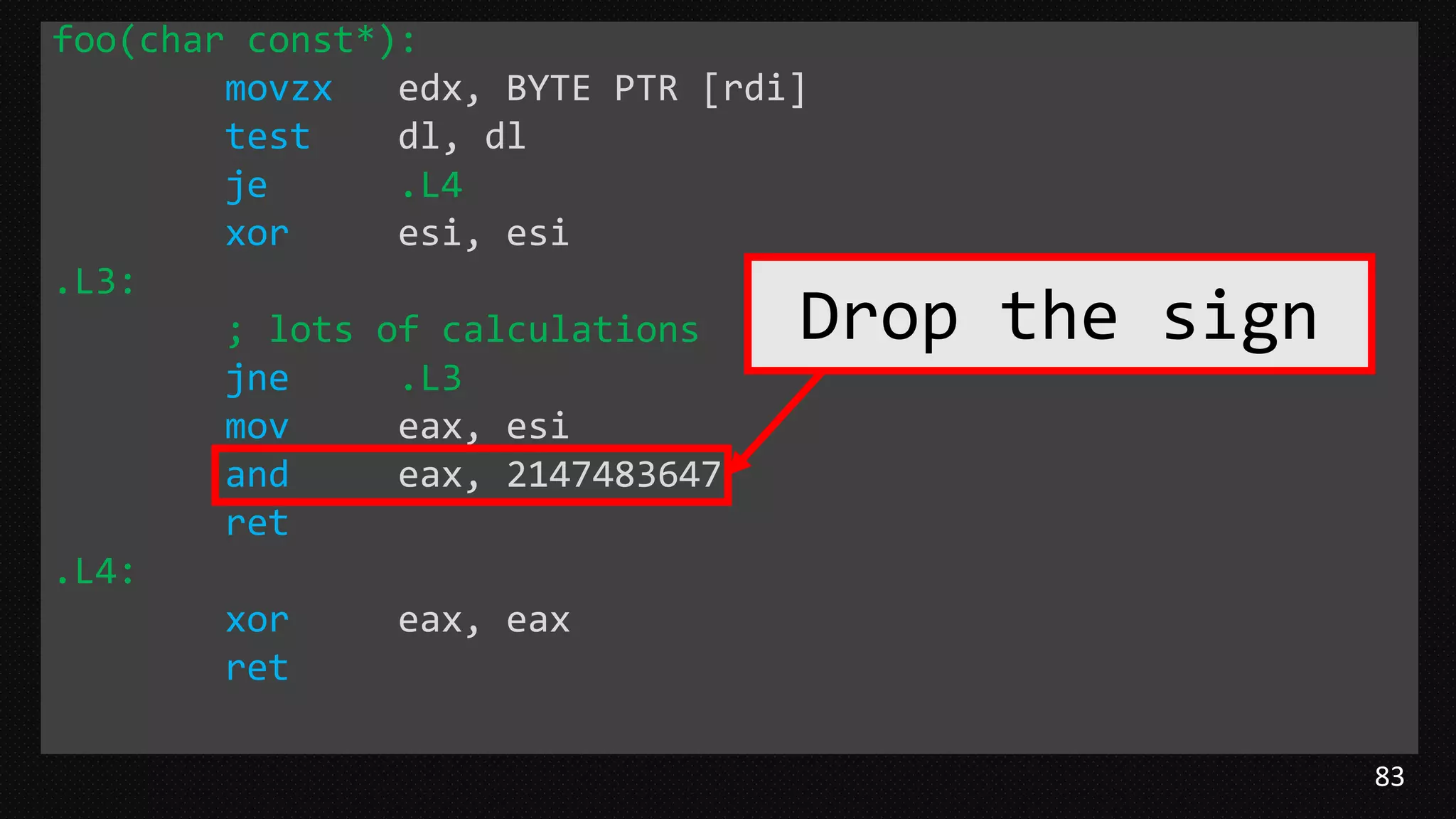 83
foo(char const*):
movzx edx, BYTE PTR [rdi]
test dl, dl
je .L4
xor esi, esi
.L3:
; lots of calculations
jne .L3
mov eax, esi
and eax, 2147483647
ret
.L4:
xor eax, eax
ret
Drop the sign
 