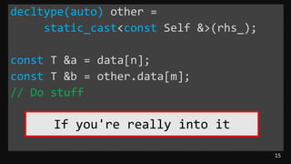 15
decltype(auto) other =
static_cast<const Self &>(rhs_);
const T &a = data[n];
const T &b = other.data[m];
// Do stuff
If you're really into it
 