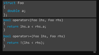 59
struct Foo
{
double a;
};
bool operator<(Foo lhs, Foo rhs)
{
return lhs.a < rhs.a;
}
bool operator>=(Foo lhs, Foo rhs)
{
return !(lhs < rhs);
}
 