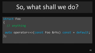 61
So, what shall we do?
struct Foo
{
// anything
auto operator<=>(const Foo &rhs) const = default;
};
 