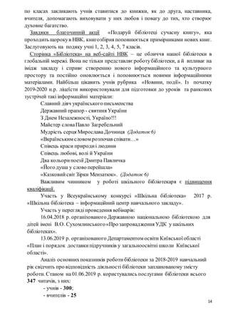 14
по класах закликають учнів ставитися до книжки, як до друга, наставника,
вчителя, допомагають виховувати у них любов і повагу до тих, хто створює
духовне багатство.
Завдяки благочинній акції «Подаруй бібліотеці сучасну книгу», яка
проходить щорокув НВК, книгозбірня поповнюється примірниками нових книг.
Заслуговують на подяку учні 1, 2, 3, 4, 5, 7 класів.
Сторінка «Бібліотека» на веб-сайті НВК – це обличчя нашої бібліотеки в
глобальній мережі. Вона не тільки представляє роботубібліотеки, а й впливає на
імідж закладу і сприяє створенню нового інформаційного та культурного
простору та постійно оновлюється і поповнюється новими інформаційними
матеріалами. Найбільш цікавить учнів рубрика «Новини, події». Із початку
2019-2020 н.р. ліцеїсти використовували для підготовки до уроків та ранкових
зустрічей такі інформаційні матеріали:
Славний діяч українськогописьменства
Державний прапор - святиня України
З Днем Незалежності, Україно!!!
Майстер словаПавло Загребельний
Мудрість серця Мирослава Дочинця (Додаток 6)
«Вкраїнським словом розпочав співати…»
Співець краси природиі людини
Співець любові, волі й України
Два кольорипоезії Дмитра Павличка
«Його душа у слово перейшла»
«Казковийсвіт Зірки Мензатюк». (Додаток 6)
Важливим чинником у роботі шкільного бібліотекаря є підвищення
кваліфікації.
Участь у Всеукраїнському конкурсі «Шкільна бібліотека» 2017 р.
«Шкільна бібліотека – інформаційний центр навчального закладу».
Участь у переглядіпроведення вебінарів:
16.04.2018 р. організованого Державною національною бібліотекою для
дітей імені В.О. Сухомлинського«Про запровадження УДК у шкільних
бібліотеках».
13.06.2019 р. організованого Департаментом освіти Київськоїобласті
«План і порядок доставкипідручників у загальноосвітні школи Київської
області».
Аналіз основнихпоказників роботи бібліотеки за 2018-2019 навчальний
рік свідчить про відповідність діяльності бібліотеки запланованому змісту
роботи. Станом на 01.06.2019 р. користувались послугами бібліотеки всього
347 читачів, з них:
- учнів - 300;
- вчителів - 25
 