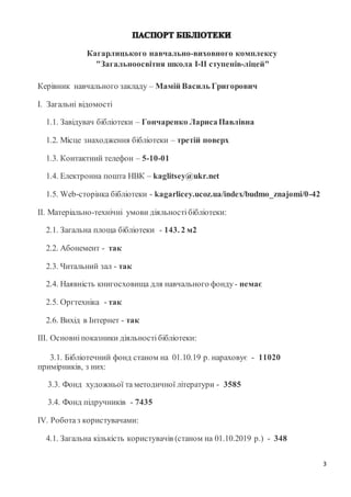3
Кагарлицького навчально-виховного комплексу
"Загальноосвітня школа І-ІІ ступенів-ліцей"
Керівник навчального закладу – Мамій Василь Григорович
І. Загальні відомості
1.1. Завідувач бібліотеки – Гончаренко ЛарисаПавлівна
1.2. Місце знаходження бібліотеки – третій поверх
1.3. Контактний телефон – 5-10-01
1.4. Електронна пошта НВК – kaglitsey@ukr.net
1.5. Web-сторінка бібліотеки - kagarlicey.ucoz.ua/index/budmo_znajomi/0-42
ІІ. Матеріально-технічні умови діяльності бібліотеки:
2.1. Загальна площа бібліотеки - 143. 2 м2
2.2. Абонемент - так
2.3. Читальний зал - так
2.4. Наявність книгосховища для навчального фонду- немає
2.5. Оргтехніка - так
2.6. Вихід в Інтернет - так
ІII. Основніпоказники діяльності бібліотеки:
3.1. Бібліотечний фонд станом на 01.10.19 р. нараховує - 11020
примірників, з них:
3.3. Фонд художньої та методичної літератури - 3585
3.4. Фонд підручників - 7435
IV. Роботаз користувачами:
4.1. Загальна кількість користувачів (станом на 01.10.2019 р.) - 348
 