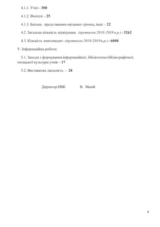 4
4.1.1. Учні - 300
4.1.2. Вчителі - 25
4.1.3. Батьки, представники місцевих громад, інші – 22
4.2. Загальна кількість відвідувань (протягом 2018-2019 н.р.)- 3262
4.3. Кількість книговидач - (протягом 2018-2019н.р.) -6008
V. Інформаційна робота:
5.1. Заходи з формування інформаційної, бібліотечно-бібліографічної,
читацької культури учнів - 17
5.2. Виставкова діяльність - 28
Директор НВК В. Мамій
 