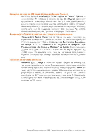 Во 2020 г. Детската амбасада „За Сите Деца во Светот“ Прилеп, ја
организираше 14-та годишна Божиќна вечера за 500 деца од неколку
градови во С. Македонија. На настанот беа угостени деца од неколку
различни групи и верски заедници под мотото „Едно небо за сите деца“.
Нивната цел беше да се промовира еднаквост и толеранција. Некои од
компаниите кои го поддржаа настанот беа: Млекара АД Битола,
Прилепска Пиварница АД Прилеп и Макпрогрес ДОО Виница.
Фондацијата Трајче Мукаетов со години им дава стипендии на
студентите по медицина. Тринаесетта година по ред фондацијата дава
39 стипендии, од кои 19 беа за студентите на Факултет за Фармација
во Скопје и 20 за студентите на Медицински факултет при
Универзитетот „Св. Кирил и Методиј“ во Скопје. Овие стипендии,
дадени за академската 2020-2021 година беа со вкупна вредност од
49.329 евра. Фондацијата, исто така, ги наградува талентираните
студенти со награда од 1.200 евра во готово веќе единаесетта година по
ред.
Божиќна вечера за 500 деца: Детска амбасада Прилеп
Фондацијата Трајче Мукаетов за студентите по медицина
Пакомак ДОО Скопје е овластен правен субјект за складирање,
третман и преработка на отпад. Оваа компанија помогна во развој на
систем за справување со амбалажен отпад на територијата на Велес. Во
текот на 2020 г., оваа компанија постави 300 специјални контејнери за
рециклирање стакло и амбалажа, заедно со уште 100 метални
контејнери за ПЕТ пластика во општините низ цела С. Македонија.
Компанијата, исто така, инвестираше и во ХоРеКа секторот со над 1.200
лименки од 120 литри.
Пакомак за почиста околина
14 Северна Македонија донира 2020 - Годишен извештај за состојбата на филантропијата
 