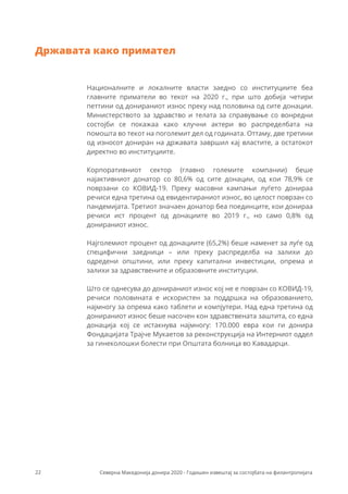 Националните и локалните власти заедно со институциите беа
главните приматели во текот на 2020 г., при што добија четири
петтини од донираниот износ преку над половина од сите донации.
Министерството за здравство и телата за справување со вонредни
состојби се покажаа како клучни актери во распределбата на
помошта во текот на поголемит дел од годината. Оттаму, две третини
од износот дониран на државата завршил кај властите, а остатокот
директно во институциите.
Корпоративниот сектор (главно големите компании) беше
најактивниот донатор со 80,6% од сите донации, од кои 78,9% се
поврзани со КОВИД-19. Преку масовни кампањи луѓето донираа
речиси една третина од евидентираниот износ, во целост поврзан со
пандемијата. Третиот значаен донатор беа поединците, кои донираа
речиси ист процент од донациите во 2019 г., но само 0,8% од
донираниот износ.
Најголемиот процент од донациите (65,2%) беше наменет за луѓе од
специфични заедници – или преку распределба на залихи до
одредени општини, или преку капитални инвестиции, опрема и
залихи за здравствените и образовните институции.
Што се однесува до донираниот износ кој не е поврзан со КОВИД-19,
речиси половината е искористен за поддршка на образованието,
најмногу за опрема како таблети и компјутери. Над една третина од
донираниот износ беше насочен кон здравствената заштита, со една
донација кој се истакнува најмногу: 170.000 евра кои ги донира
Фондацијата Трајче Мукаетов за реконструкција на Интерниот оддел
за гинеколошки болести при Општата болница во Кавадарци.
Државата како примател
22 Северна Македонија донира 2020 - Годишен извештај за состојбата на филантропијата
 