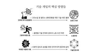 기술 개입의 핵심 방향들
코로나 이후
노동연대
• 그린뉴딜 등 탈탄소 생태전환을 위한 기술 대안 플랜
• 사회적 접속과 공생을 위한 민주주의적 합의체 설계
• 플랫폼 기술 연대와 결속의 노동 조건 마련
비대면 자동화 사회
그림자/유령노동
인류세 위기/성장중독
기술인권사회
 