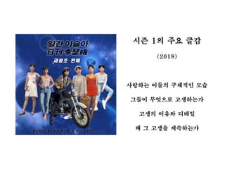 시즌 1의 주요 글감
(2018)
사랑하는 이들의 구체적인 모습
그들이 무엇으로 고생하는가
고생의 이유와 디테일
왜 그 고생을 계속하는가
 