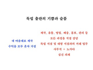 독립 출판의 기쁨과 슬픔
내 마음대로 제작
수익을 모두 혼자 가짐
제작, 유통, 영업, 배송, 홍보, 관리 등
모든 과정을 직접 감당
독립 서점 및 대형 서점과의 거래 업무
사무직 + 노가다
심신 피폐
 