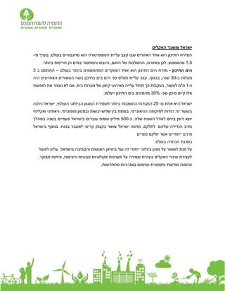 ‫האקלים‬ ‫ומשבר‬ ‫ישראל‬
‫בערך‬ .‫בעולם‬ ‫מהגבוהים‬ ‫הוא‬ ‫הטמפרטורה‬ ‫עליית‬ ‫קצב‬ ‫שבו‬ ‫האזורים‬ ‫אחד‬ ‫הוא‬ ‫התיכון‬ ‫המזרח‬
‫פי‬
-
1.5
‫באזורנו‬ ‫לכן‬ .‫מהממוצע‬
,
.‫ביותר‬ ‫חריפות‬ ‫הן‬ ‫במים‬ ‫והמחסור‬ ‫היובש‬ ,‫החום‬ ‫של‬ ‫ההשלכות‬
‫התיכון‬ ‫הים‬
-
‫הוא‬ ‫התיכון‬ ‫הים‬ ‫מזרח‬
‫בעולם‬ ‫ביותר‬ ‫המתחממים‬ ‫המוקדים‬ ‫אחד‬
–
‫ב‬ ‫התחמם‬
3
‫ב‬ ‫מעלות‬
-
30
‫שנה‬
,‫בנוסף‬ ,
‫עליית‬ ‫קצב‬
‫מפלס‬
‫היה‬ ‫האחרונים‬ ‫העשורים‬ ‫בשני‬ ‫בתיכון‬ ‫בים‬ ‫הים‬ ‫פני‬
‫כ‬
-
1
‫ס"מ‬
,‫לעשור‬
‫כך‬ ‫בעקבות‬
‫תחול‬
‫סערות‬ ‫של‬ ‫קיצון‬ ‫באירועי‬ ‫עלייה‬
‫תופעות‬ ‫את‬ ‫נעצור‬ ‫לא‬ ‫אם‬ ,‫בים‬
‫שכ‬ ‫סיכון‬ ‫קיים‬ ‫אלו‬
-
30%
‫ייעלמו‬ ‫התיכון‬ ‫בים‬ ‫מהמינים‬
.
‫י‬
‫מ‬ ‫אחת‬ ‫היא‬ ‫שראל‬
-
25
,‫העולמי‬ ‫הביולוגי‬ ‫המגוון‬ ‫לשמירת‬ ‫ביותר‬ ‫החשובות‬ ‫הנקודות‬
‫ניחנה‬ ‫ישראל‬
‫בי‬ ‫בצומת‬ ,‫הגיאוגרפי‬ ‫למיקומה‬ ‫הודות‬ ‫זה‬ ‫בעושר‬
‫יבשות‬ ‫שלוש‬ ‫ן‬
‫ו‬
‫ואקלימי‬ ‫גיאולוגי‬ ,‫טופוגרפי‬ ‫במגוון‬
‫לגודל‬ ‫ביחס‬ ‫דופן‬ ‫יוצא‬
.‫שלה‬ ‫השטח‬
‫כ‬
-
500
‫במהלך‬ ‫בשנה‬ ‫פעמיים‬ ‫בישראל‬ ‫עוברים‬ ‫עופות‬ ‫מיליון‬
‫בטוח‬ ‫למעבר‬ ‫קריטי‬ ‫בקבוק‬ ‫צוואר‬ ‫ישראל‬ ‫מהווה‬ ,‫לחלקם‬ .‫שלהם‬ ‫הנדידה‬ ‫נתיב‬
‫בנוסף‬ .
‫בישראל‬
‫ייחודיים‬ ‫מינים‬
‫מצויים‬ ‫חלקם‬ ‫אשר‬
‫בסכנת‬
‫בע‬ ‫הכחדה‬
‫ולם‬
.
‫לפעול‬ ‫עלינו‬ ,‫בישראל‬ ‫והסביבה‬ ‫האנשים‬ ‫ביטחון‬ ‫ועל‬ ‫זה‬ ‫ייחודי‬ ‫ביולוגי‬ ‫מגוון‬ ‫על‬ ‫לשמור‬ ‫מנת‬ ‫על‬
,‫מבוקר‬ ‫פיתוח‬ ,‫ורציפות‬ ‫טבעיות‬ ‫אקולוגיות‬ ‫מערכות‬ ‫על‬ ‫שמירה‬ ‫בעזרת‬ ‫האקלים‬ ‫שינויי‬ ‫לעצירת‬
.‫מתחדשות‬ ‫באנרגיות‬ ‫ושימוש‬ ‫וחסכונית‬ ‫מודעות‬ ‫צרכנות‬
 