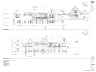1
BUILDING ELEVATION
REAR (SOUTHWEST) ELEVATION
1/4" = 1'-0"
2
BUILDING ELEVATION
REAR (SOUTH) ELEVATION
1/4" = 1'-0"
ELEVATION DIAGRAM KEY
ELEVATION DIAGRAM KEY
ELEVATION NOTES
1. ASPHALT COMPOSITION SHINGLES, TYP. UNLESS NOTED
OTHERWISE.
2. CEMENTITIOUS STUCCO CLADDING TO BE INSTALLED OVER
BORAL 'DRAIN-N-DRY' SYNTHETIC LATH w/ INTEGRAL DRAINAGE
MAT o/ DRAINABLE WRB, OR APPROVED EQUAL.
3. ALL WOOD TRIM TO BE EITHER ENGINEERED WOOD AS
MANUFACTURED BY LP PRODUCTS OR PVC MATERIAL BY
VERSATEX OR EQUAL.
4. MANUFACTURED THIN BRICK/ STONE VENEER TO BE INSTALLED
PER MANUFACTURER RECOMMENDED INSTALLATION PRACTICES
TO INCLUDE VENTILATED DRAINABLE SYNTHETIC LATH WITH
INTEGRAL DRAINAGE PLANE OVER A DRAINABLE WEATHER
RESISTIVE BARRIER ATTACHED DIRECTLY TO SHEATHING.
5. PROVIDE S.M. FLASHING AT HEAD OF ALL WINDOWS AND
HORIZONTALLY PROJECTING TRIM. WINDOW HEAD FLASHING TO
INCLUDE BENT END DAM - NO OPEN SEAMS.
6. COUNTER FLASH BEHIND THIN BRICK/ STONE VENEER ONTO
ROOF AND HOLD THIN STONE VENEER 2" ABOVE ROOFING PER
MANUF. RECOMMENDATIONS.
t/ FTG - EL: 915.0'
t/ BURIED FNDN
1ST FLR BRG. LN.
t/ 1ST SUBLFLR
1ST FLR PL. LN.
GREAT RM BRG. LN.
t/ FTNG - EL: 915.0'
t/ BURIED FNDN
t/ FNDN
1ST FLR BRG. LN.
t/ 1ST SUBFLR
M. BEDROOM PL. LN.
1ST FLR PL. LN.
3'-0"
4'-0"
28'-8
3
8
"
1'-6
5
8
"
8'-0"
1'-0"
6'-0"
8'-1
3
4
"
3'-0"
10'-0"
1'-6
5
8
"
9'-0"
2'-0"
31'-10
3
4
"
9'-4
1
8
"
8'-0"
M.
BED.
PL.
LN.
7'-0"
PL.
LN.
2'-0"
DRMR.
PL.
LN.
9'-0"
ASPHALT COMPOSITION
SHINGLE ROOFING
1x2 o/ 1x10 ENGINEERED WD
FASCIA AT STEEP ROOF, TYP.,
HALF ROUND GUTTER w/
ROUND D.S. o/ STACKED 1x3 &
1x8 ENG. WD FASCIA
1x4 o/ 1x10 ENG. WOOD
FRIEZE BOARD o/ BLOCKING
STUCCO CORNER BEAD AT
WINDOW, TYP. w/ S.M. HEAD
FLASHING w/ END DAM &
SLOPED SILL w/ KERFED DRIP
EDGE
CEMENTITOUS STUCCO FINISH o/
BORAL 'DRAIN-N-DRY' SYNTHETIC
LATH o/ DRAINABLE WRB
SHEATHING TO EXTEND OVER FNDN
JOINT 3" TYPICAL; SEAL SHEATHING
TO CONCRETE AND EDGE OF
SHEATHING
STANDING SEAM
METAL ROOFING
RIPPED ENG. WD. TRIM
w/ SLOPED SILL w/
KERFED DRIP EDGE
HALF ROUND GUTTER w/
ROUND D.S. PER OWNER
WOOD STAIRS TO
RAISED DECK ABOVE
FLASH UNDER
SHINGLES OVER METAL
AT PITCH BREAK
R1'-1
1
8
"
t/ FTG - EL: 924.5'
t/ FNDN
1ST FLR PL. LN.
t/ 2ND SUBFLR
t/ FTG - EL: 915.0'
t/ BURIED FNDN
1ST FLR BRG. LN.
t/ 1ST SUBFLR
1ST FLR PL. LN.
t/ FTG - EL: 915.0'
t/ BURIED FNDN
1ST FLR BRG. LN.
t/ 1ST SUBFLR
1ST FLR PL. LN.
GREAT RM. PL. LN. DRMR BRG.
RAFTER BRG. LN.
DRMR BRG. LN.
T/ 1ST SUBFLR
3'-0"
10'-0"
1'-6
5
8
"
9'-0"
8'-1
3
4
"
28'-8
3
8
"
4'-0"
9'-6"
10"
3"
1'-3"
7'-4"
3'-0"
10'-0"
1'-6
5
8
"
9'-0"
2'-0"
9'-4
1
8
"
31'-10
3
4
"
R3'-27
8"
12
16+/-
ALIGN ROOF RIDGES
1x2 o/ 1x10 ENGINEERED WD FASCIA AT
STEEP ROOF, TYP.,
STUCCO CORNER BEAD AT WINDOW,
TYP. w/ S.M. HEAD FLASHING w/ END DAM
& SLOPED SILL w/ KERFED DRIP EDGE
DASHED LINE DENOTES ROOM PROFILE
BEYOND
8"dp FRAMED CORBEL
2'-3"
CEMENTITOUS STUCCO FINISH o/ BORAL
'DRAIN-N-DRY' SYNTHETIC LATH o/
DRAINABLE WRB
DASHED LINE DENOTES t/ FNDN
SHEATHING TO EXTEND OVER FNDN
JOINT 3" TYPICAL; SEAL SHEATHING
TO CONCRETE AND EDGE OF
SHEATHING
PROJECT CORNER 1
2" w/
SOLDIER COURSE HEADER
HALF ROUND GUTTER w/
ROUND D.S. o/ STACKED 1x3 &
1x8 ENG. WD. FASCIA
STACKED LIMESTONE
RETAINING WALL, RE: SITE
PLAN ON SHEET A0
STUCCO CORNER BEAD AT
WINDOW, TYP. w/ S.M. HEAD
FLASHING w/ END DAM & SLOPED
SILL w/ KERFED DRIP EDGE
HALF ROUND GUTTER w/
ROUND D.S. o/ STACKED 1x3 &
1x8 ENG. WD FASCIA
ASPHALT COMPOSITION
SHINGLE ROOFING
1x2 o/ 1x10 ENGINEERED WD
FASCIA AT STEEP ROOF, TYP.,
THIN BRICK VENEER w/ STONE
CAP SLOPED TO DRAIN
ARCHED THIN BRICK SOLDIER
COURSE
8'-10"
9'-4"
36"h ALUMINUM RAILING
MOUNTED TO POSTS; DO NOT
FLOOR MOUNT
10"sq X 42"h POST (STUCCO) w/
STONE CAP SLOPED TO DRAIN
20"h PREFIN. S.M. CHIMNEY
SHROUD
SLOPED SILL w/ KERFED
DRIP EDGE
ENGINEERED BRICK SOLDIER
COURSE, PROJECT 1
2"
THIN BRICK VENEER
ASPHALT COMPOSITION
SHINGLE ROOFING
HALF ROUND GUTTER w/
ROUND D.S. o/ STACKED 1x3 &
1x8 ENG. WD FASCIA
ALIGN ALL WINDOW HEADS
S4S WOOD BRACKET,
TYP. PER PLAN
PROWOODMARKET.COM
MODEL 62T8
STUCCO AT SIDE OF
ROOF EXTENSION
16:12 PITCH
8:12 PITCH 8:12 PITCH
8:12 PITCH
12
16
6:12 PITCH 6:12 PITCH 6:12 PITCH
6:12 PITCH 6:12 PITCH 6:12 PITCH
16+/-:12 PITCH 8:12 PITCH
8:12 PITCH
8:12 PITCH
12
16
8:12 PITCH
12
16
12
8
8:12 PITCH
9'-0"
PLATE
LINE
15'-7
1
8
"
25'-11
1
8
"
A
A11
1
A10
CONSTRUCTION SET
Adam Anthony
Pfeifer, NCARB
apd_studios+
design | fabrication
12214 w 79th terrace
lenexa, kansas 66215
p. 785.650.3563
e. adam@apdstudios.com
Troy & Eden Kearns
owner
804 W 33rd St
Kansas City, MO 64111
p. 702.556.4081
a. Troy Kearns
e. troyjkearns@gmail.com
Apex Engineering
structural engineer
1625 Locust St
Kansas City, MO 64108
p. 816.421.3222
a. Jason Gibson
e. jason@
apex-engineers.com
Kearns Custom
Residence
6545 Standardbred Drive
Kansas City, MO 64164
drawing title
project no. sheet no.
2020.26
drawn by
aap
date
11.09.2020
project title
release
seal
01.15.2021 _ Permit Set
10.06.2021 _ Fndn. Revs.
11.08.2021 _ Lighting Plan
11.11.2021 _ Lighting Revs.
11.13.2021 _ Const. Revisions
elevations
A8
 