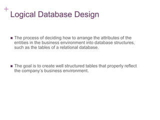 + 7-3
Logical Database Design
 The process of deciding how to arrange the attributes of the
entities in the business environment into database structures,
such as the tables of a relational database.
 The goal is to create well structured tables that properly reflect
the company’s business environment.
 