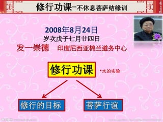 修行功课-不休息菩萨结缘训
2008年8月24日
岁次戊子七月廿四日
发一崇德 印度尼西亚棉兰道务中心
修行功课
修行的目标 菩萨行谊
*水的实验
 