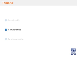 Temario
1 Introducci´on
2 Componentes
3 Funcionamiento
 