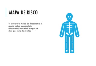 MAPA DE RISCO
6. Elaborar o Mapa de Riscos sobre a
planta baixa ou croqui do
laboratório, indicando os tipos de
risco por meio de círculos.
 