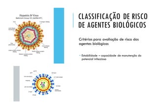 CLASSIFICAÇÃO DE RISCO
DE AGENTES BIOLÓGICOS
Critérios para avaliação de risco dos
agentes biológicos
 Estabilidade – capacidade de manutenção do
potencial infeccioso
 