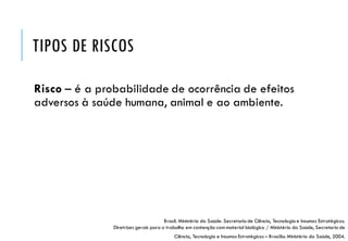 TIPOS DE RISCOS
Risco – é a probabilidade de ocorrência de efeitos
adversos à saúde humana, animal e ao ambiente.
Brasil. Ministério da Saúde. Secretaria de Ciência, Tecnologiae Insumos Estratégicos.
Diretrizes gerais para o trabalho em contenção com material biológico / Ministério da Saúde, Secretaria de
Ciência, Tecnologia e Insumos Estratégicos – Brasília: Ministério da Saúde, 2004.
 