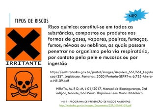 TIPOS DE RISCOS
Risco químico: constitui-se em todas as
substâncias, compostos ou produtos nas
formas de gases, vapores, poeiras, fumaças,
fumos, névoas ou neblinas, as quais possam
penetrar no organismo pela via respiratória,
por contato pela pele e mucosas ou por
ingestão
NR9
NR 9 - PROGRAMA DE PREVENÇÃO DE RISCOS AMBIENTAIS
http://trabalho.gov.br/images/Documentos/SST/NR/NR-09.pdf
HIRATA, M, R D, M, J 01/2017, Manual de Biossegurança, 3rd
edição, Manole, São Paulo. Disponível em: Minha Biblioteca.
https://enit.trabalho.gov.br/portal/images/Arquivos_SST/SST_Legisla
cao/SST_Legislacao_Portarias_2020/Portaria-SEPRT-n.-6.735-Altera-
a-NR-09.pdf
 