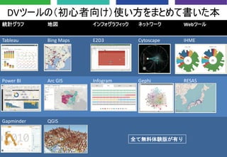 DVツールの（初心者向け）使い方をまとめて書いた本
統計グラフ 地図 インフォグラフィック ネットワーク Webツール
Tableau Bing Maps E2D3 Cytoscape IHME
Power BI Arc GIS Infogra...