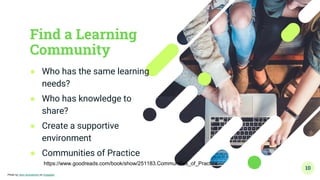 Find a Learning
Community
● Who has the same learning
needs?
● Who has knowledge to
share?
● Create a supportive
environment
● Communities of Practice
10
Photo by John Schnobrich on Unsplash
https://www.goodreads.com/book/show/251183.Communities_of_Practice
 