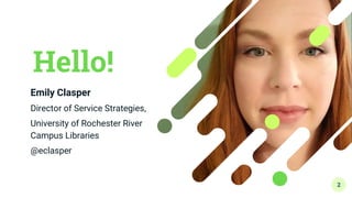 Hello!
Emily Clasper
Director of Service Strategies,
University of Rochester River
Campus Libraries
@eclasper
2
 