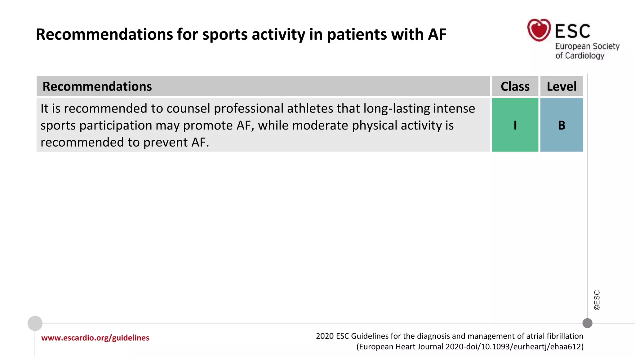 2020 ESC Guidelines for the diagnosis and management of atrial fibrillation
(European Heart Journal 2020-doi/10.1093/eurheartj/ehaa612)
www.escardio.org/guidelines
©ESC
Recommendations for sports activity in patients with AF
Recommendations Class Level
It is recommended to counsel professional athletes that long-lasting intense
sports participation may promote AF, while moderate physical activity is
recommended to prevent AF.
I B
 