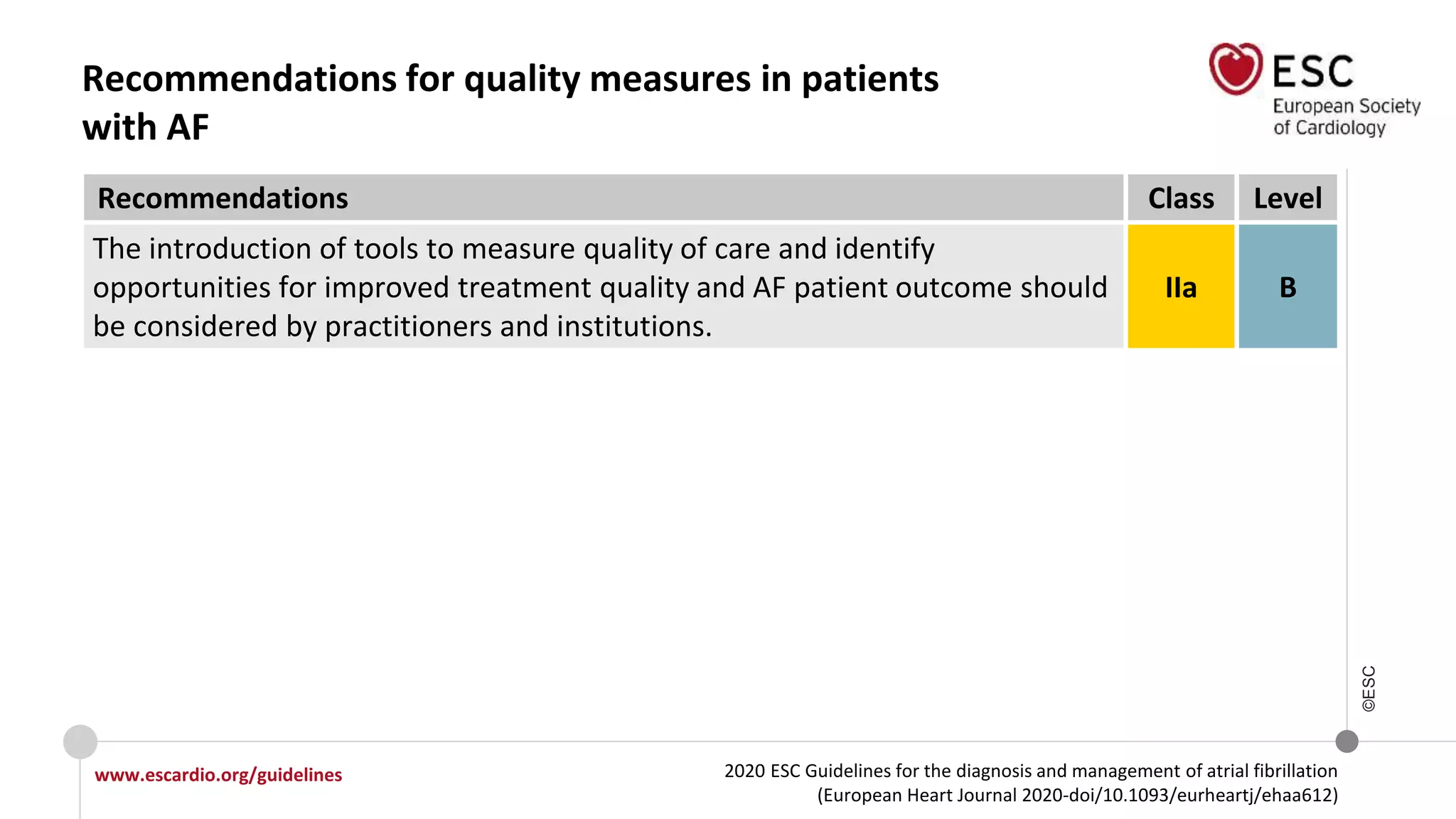 2020 ESC Guidelines for the diagnosis and management of atrial fibrillation
(European Heart Journal 2020-doi/10.1093/eurheartj/ehaa612)
www.escardio.org/guidelines
©ESC
Recommendations for quality measures in patients
with AF
Recommendations Class Level
The introduction of tools to measure quality of care and identify
opportunities for improved treatment quality and AF patient outcome should
be considered by practitioners and institutions.
IIa B
 