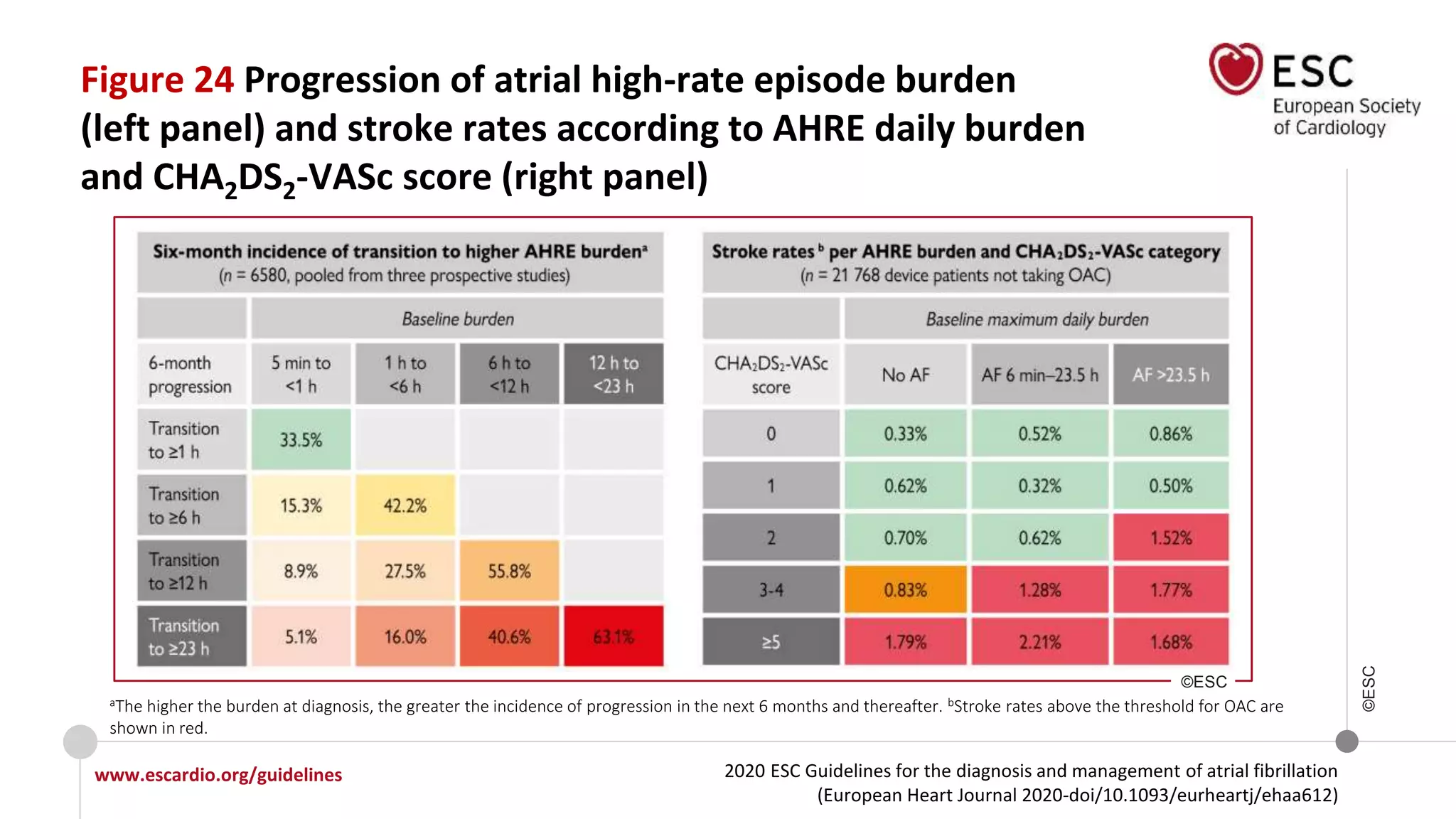 2020 ESC Guidelines for the diagnosis and management of atrial fibrillation
(European Heart Journal 2020-doi/10.1093/eurheartj/ehaa612)
www.escardio.org/guidelines
©ESC
Figure 24 Progression of atrial high-rate episode burden
(left panel) and stroke rates according to AHRE daily burden
and CHA2DS2-VASc score (right panel)
aThe higher the burden at diagnosis, the greater the incidence of progression in the next 6 months and thereafter. bStroke rates above the threshold for OAC are
shown in red.
©ESC
 