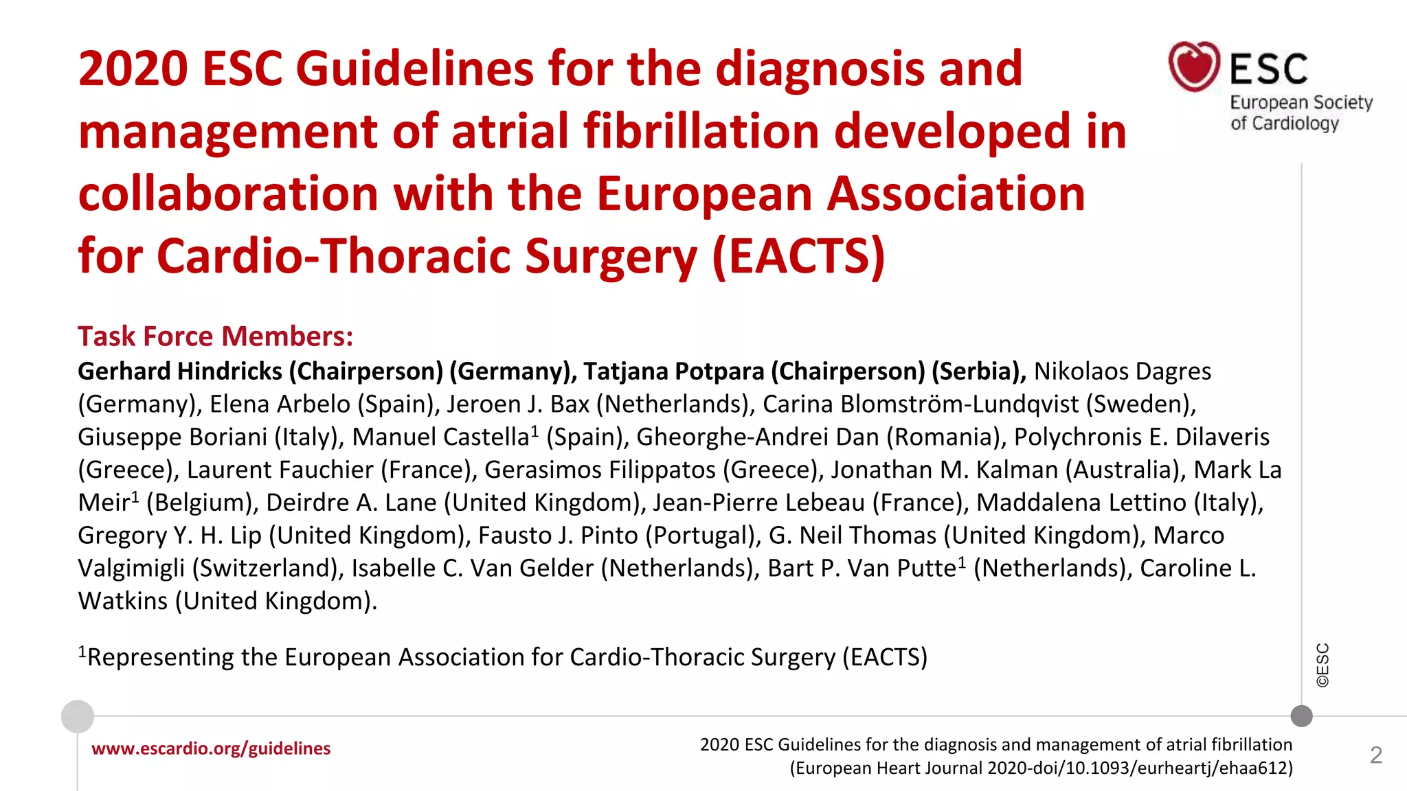 2020 ESC Guidelines for the diagnosis and management of atrial fibrillation
(European Heart Journal 2020-doi/10.1093/eurheartj/ehaa612)
www.escardio.org/guidelines
©ESC
2
2020 ESC Guidelines for the diagnosis and
management of atrial fibrillation developed in
collaboration with the European Association
for Cardio-Thoracic Surgery (EACTS)
Task Force Members:
Gerhard Hindricks (Chairperson) (Germany), Tatjana Potpara (Chairperson) (Serbia), Nikolaos Dagres
(Germany), Elena Arbelo (Spain), Jeroen J. Bax (Netherlands), Carina Blomström-Lundqvist (Sweden),
Giuseppe Boriani (Italy), Manuel Castella1 (Spain), Gheorghe-Andrei Dan (Romania), Polychronis E. Dilaveris
(Greece), Laurent Fauchier (France), Gerasimos Filippatos (Greece), Jonathan M. Kalman (Australia), Mark La
Meir1 (Belgium), Deirdre A. Lane (United Kingdom), Jean-Pierre Lebeau (France), Maddalena Lettino (Italy),
Gregory Y. H. Lip (United Kingdom), Fausto J. Pinto (Portugal), G. Neil Thomas (United Kingdom), Marco
Valgimigli (Switzerland), Isabelle C. Van Gelder (Netherlands), Bart P. Van Putte1 (Netherlands), Caroline L.
Watkins (United Kingdom).
1Representing the European Association for Cardio-Thoracic Surgery (EACTS)
 