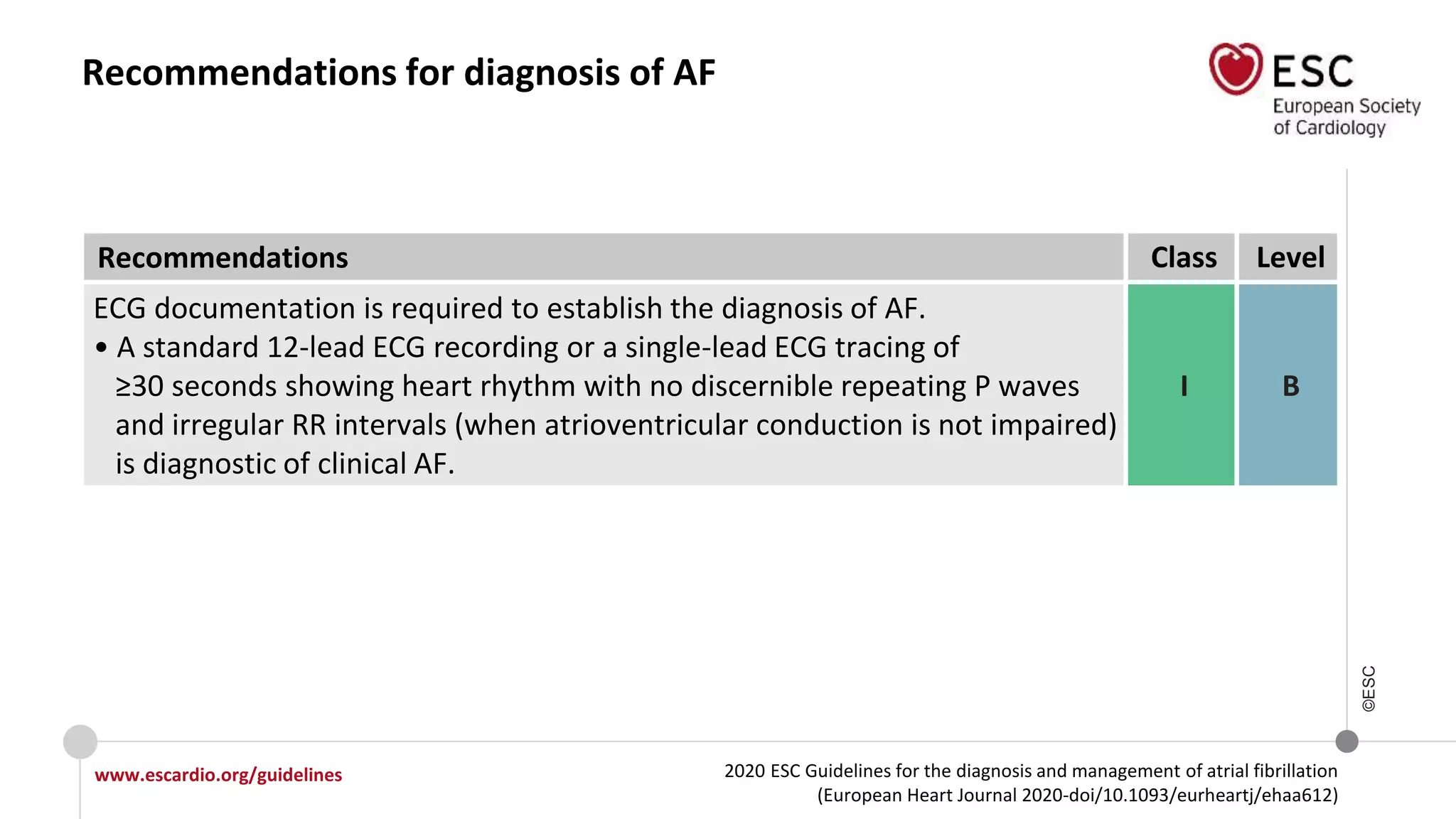 2020 ESC Guidelines for the diagnosis and management of atrial fibrillation
(European Heart Journal 2020-doi/10.1093/eurheartj/ehaa612)
www.escardio.org/guidelines
©ESC
Recommendations for diagnosis of AF
Recommendations Class Level
ECG documentation is required to establish the diagnosis of AF.
• A standard 12-lead ECG recording or a single-lead ECG tracing of
≥30 seconds showing heart rhythm with no discernible repeating P waves
and irregular RR intervals (when atrioventricular conduction is not impaired)
is diagnostic of clinical AF.
I B
 