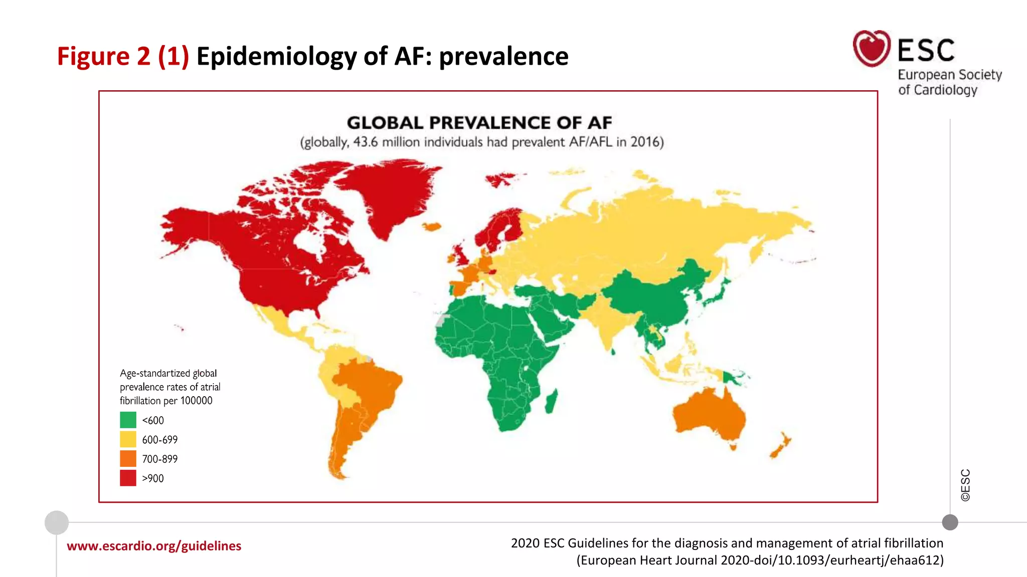 2020 ESC Guidelines for the diagnosis and management of atrial fibrillation
(European Heart Journal 2020-doi/10.1093/eurheartj/ehaa612)
www.escardio.org/guidelines
©ESC
Figure 2 (1) Epidemiology of AF: prevalence
 