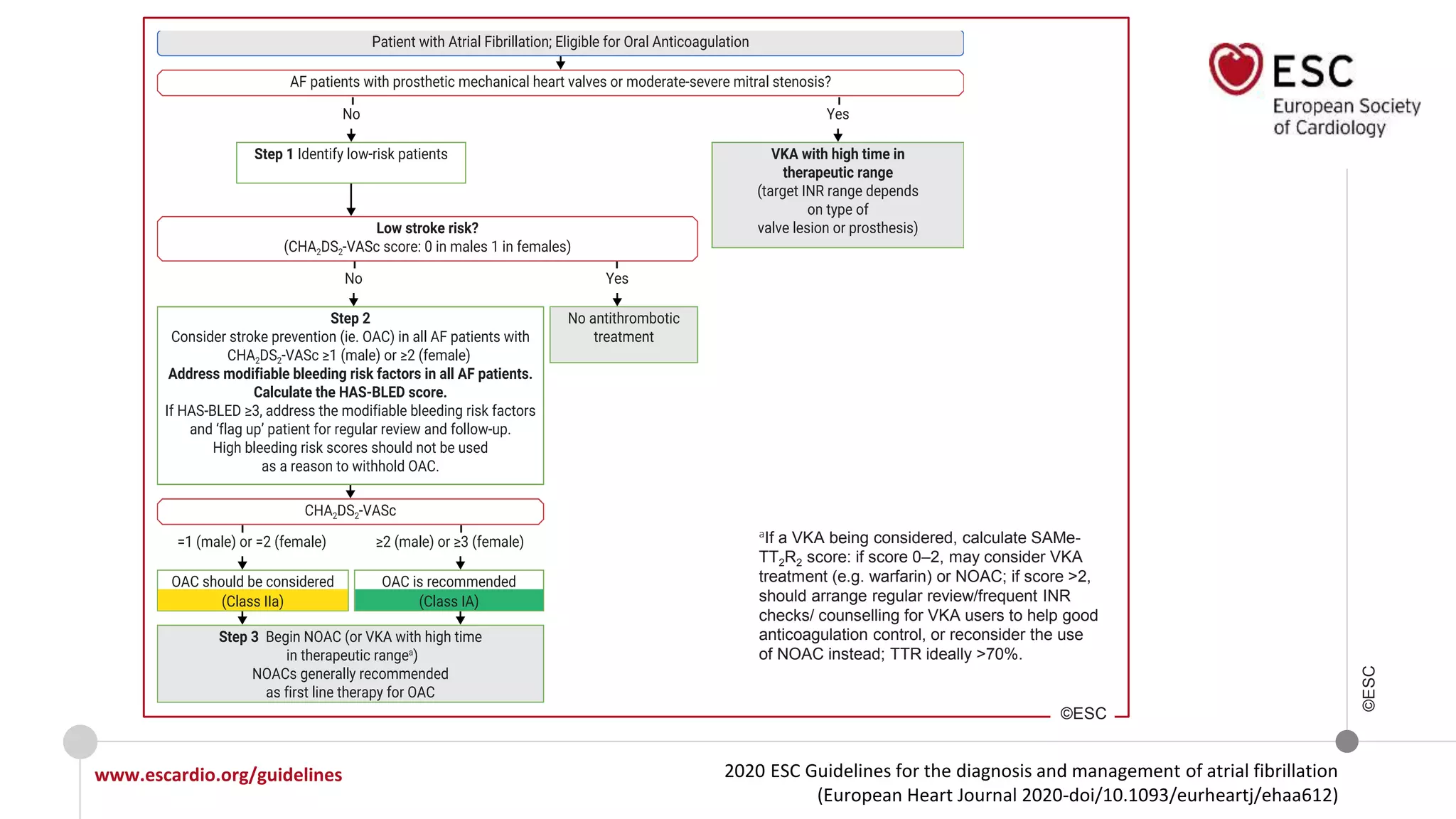 2020 ESC Guidelines for the diagnosis and management of atrial fibrillation
(European Heart Journal 2020-doi/10.1093/eurheartj/ehaa612)
www.escardio.org/guidelines
©ESC
aIf a VKA being considered, calculate SAMe-
TT2R2 score: if score 0–2, may consider VKA
treatment (e.g. warfarin) or NOAC; if score >2,
should arrange regular review/frequent INR
checks/ counselling for VKA users to help good
anticoagulation control, or reconsider the use
of NOAC instead; TTR ideally >70%.
©ESC
 