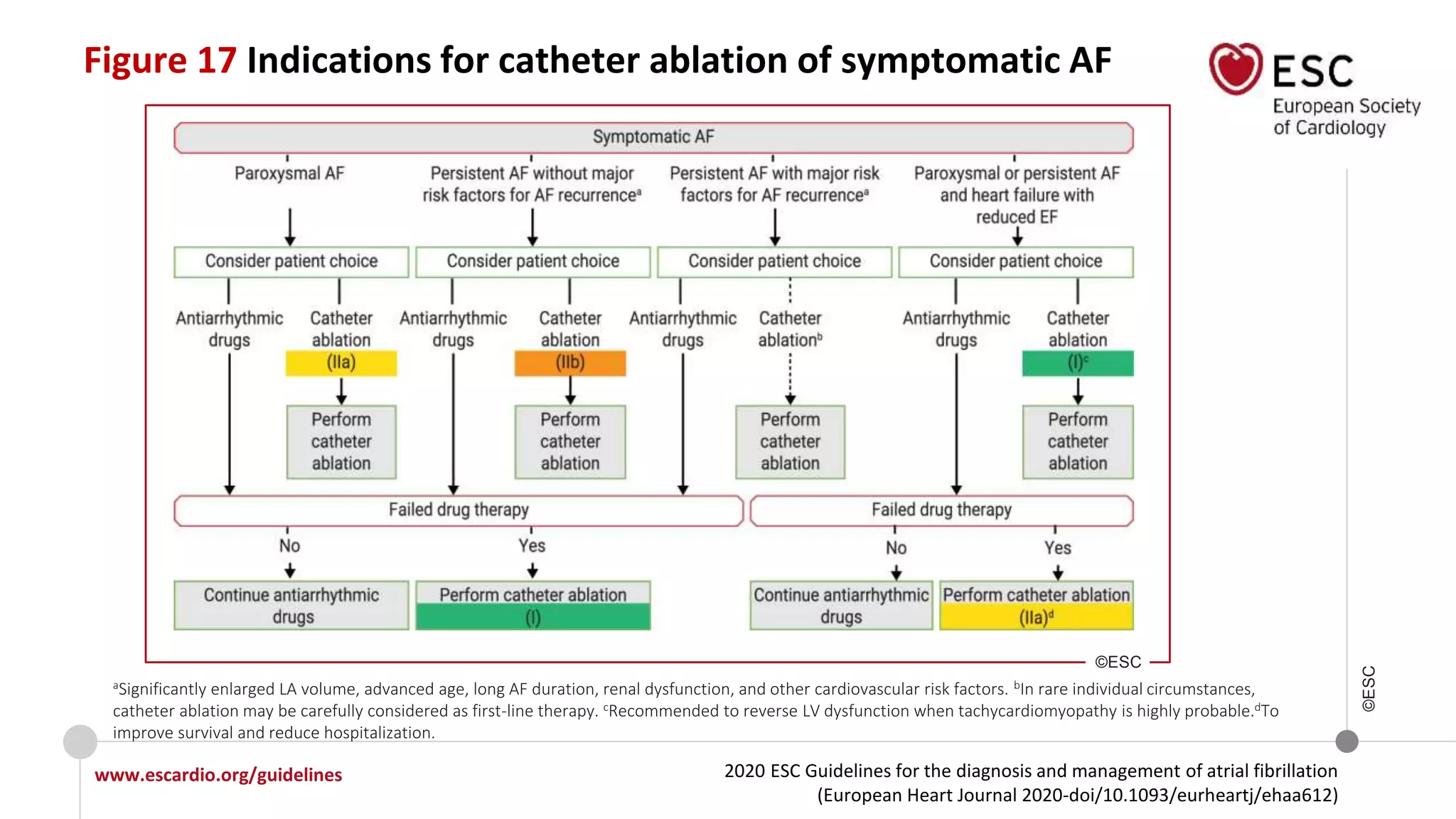 2020 ESC Guidelines for the diagnosis and management of atrial fibrillation
(European Heart Journal 2020-doi/10.1093/eurheartj/ehaa612)
www.escardio.org/guidelines
©ESC
aSignificantly enlarged LA volume, advanced age, long AF duration, renal dysfunction, and other cardiovascular risk factors. bIn rare individual circumstances,
catheter ablation may be carefully considered as first-line therapy. cRecommended to reverse LV dysfunction when tachycardiomyopathy is highly probable.dTo
improve survival and reduce hospitalization.
Figure 17 Indications for catheter ablation of symptomatic AF
©ESC
 