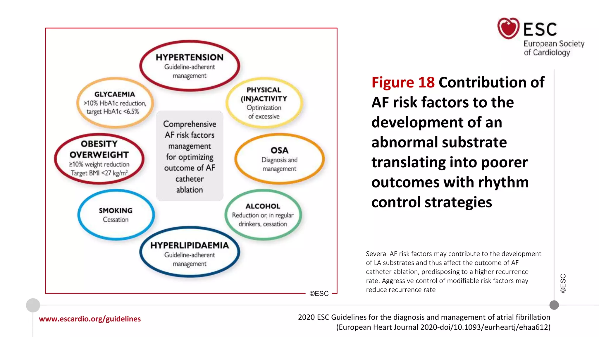 2020 ESC Guidelines for the diagnosis and management of atrial fibrillation
(European Heart Journal 2020-doi/10.1093/eurheartj/ehaa612)
www.escardio.org/guidelines
©ESC
Figure 18 Contribution of
AF risk factors to the
development of an
abnormal substrate
translating into poorer
outcomes with rhythm
control strategies
Several AF risk factors may contribute to the development
of LA substrates and thus affect the outcome of AF
catheter ablation, predisposing to a higher recurrence
rate. Aggressive control of modifiable risk factors may
reduce recurrence rate
©ESC
 