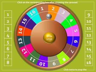 SPIN
STOP
1
2
3
4
5
6
7
8
9
10
11
12
13
14
15
16
Click twice to stop the
Click on the corresponding box after stopping the carousel.
 