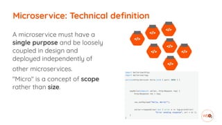 Microservice: Technical definition
A microservice must have a
single purpose and be loosely
coupled in design and
deployed independently of
other microservices.


"Micro" is a concept of scope
rather than size.


 