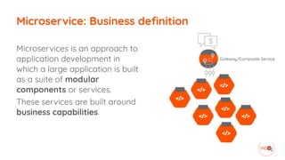 Microservice: Business definition
Microservices is an approach to
application development in
which a large application is built
as a suite of modular
components or services.


These services are built around
business capabilities.
 