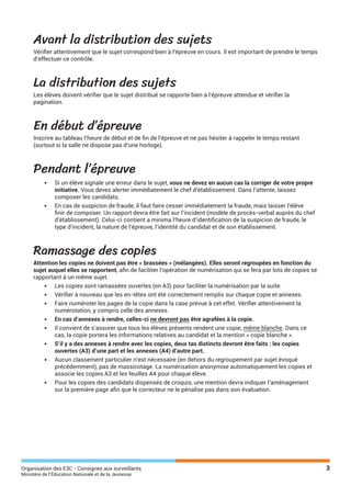 Organisation des E3C - Consignes aux surveillants 3
Ministère de l’Éducation Nationale et de la Jeunesse
Avant la distribution des sujets
Vérifier attentivement que le sujet correspond bien à l’épreuve en cours. Il est important de prendre le temps
d’effectuer ce contrôle.
La distribution des sujets
Les élèves doivent vérifier que le sujet distribué se rapporte bien à l’épreuve attendue et vérifier la
pagination.
En début d’épreuve
Inscrire au tableau l’heure de début et de fin de l’épreuve et ne pas hésiter à rappeler le temps restant
(surtout si la salle ne dispose pas d’une horloge).
Pendant l’épreuve
•	 Si un élève signale une erreur dans le sujet, vous ne devez en aucun cas la corriger de votre propre
initiative. Vous devez alerter immédiatement le chef d’établissement. Dans l’attente, laissez
composer les candidats.
•	 En cas de suspicion de fraude, il faut faire cesser immédiatement la fraude, mais laisser l’élève
finir de composer. Un rapport devra être fait sur l’incident (modèle de procès-verbal auprès du chef
d’établissement). Celui-ci contient a minima l’heure d’identification de la suspicion de fraude, le
type d’incident, la nature de l’épreuve, l’identité du candidat et de son établissement.
Ramassage des copies
Attention les copies ne doivent pas être « brassées » (mélangées). Elles seront regroupées en fonction du
sujet auquel elles se rapportent, afin de faciliter l’opération de numérisation qui se fera par lots de copies se
rapportant à un même sujet.
•	 Les copies sont ramassées ouvertes (en A3) pour faciliter la numérisation par la suite.
•	 Vérifier à nouveau que les en-têtes ont été correctement remplis sur chaque copie et annexes.
•	 Faire numéroter les pages de la copie dans la case prévue à cet effet. Vérifier attentivement la
numérotation, y compris celle des annexes.
•	 En cas d’annexes à rendre, celles-ci ne devront pas être agrafées à la copie.
•	 Il convient de s’assurer que tous les élèves présents rendent une copie, même blanche. Dans ce
cas, la copie portera les informations relatives au candidat et la mention « copie blanche ».
•	 S’il y a des annexes à rendre avec les copies, deux tas distincts devront être faits : les copies
ouvertes (A3) d’une part et les annexes (A4) d’autre part.
•	 Aucun classement particulier n’est nécessaire (en dehors du regroupement par sujet évoqué
précédemment), pas de massicotage. La numérisation anonymise automatiquement les copies et
associe les copies A3 et les feuilles A4 pour chaque élève.
•	 Pour les copies des candidats dispensés de croquis, une mention devra indiquer l’aménagement
sur la première page afin que le correcteur ne le pénalise pas dans son évaluation.
 