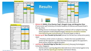 Results
• Winner AI: ERHEA_PI by Zhentao Tang*, Rongqin Liang, and Mengchen Zhao
(*2019 runner-up), University of Chinese Academy of Sciences and Huawei Noah’s
Ark Lab, China
• Rolling Horizon Evolutionary Algorithm combined with an adaptive learning-
based opponent model (Deeplearning4j) utilizing two simulation modules
from ReiwaThunder (2019 Winner) (cf. the ArXiv paper in slide 5)
• Runner-up AI: Tera Thunder by Eita Aoki (winner for the last four consecutive years),
Japan
• 1. Prioritize certain actions in advance. 2. Predict the most possible three
actions by the opponent. 3. Select the best AI action against the opponent's
three actions using his original simulator.
• 3nd Place AI: ButcherPudge by Wen Bai (newcomer), Nanyang Technological
University, Singapore
• Reinforcement Learning Algorithm SAC (Soft-Actor-Critic) trained against 2019
top AIs with the OpenAI gym interface and Pytorch library.CoG 2020: Aug 24-27, 2020
11
 