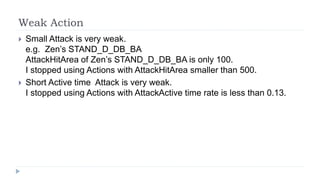 Weak Action
 Small Attack is very weak.
e.g. Zen’s STAND_D_DB_BA
AttackHitArea of Zen’s STAND_D_DB_BA is only 100.
I stopped using Actions with AttackHitArea smaller than 500.
 Short Active time Attack is very weak.
I stopped using Actions with AttackActive time rate is less than 0.13.
 