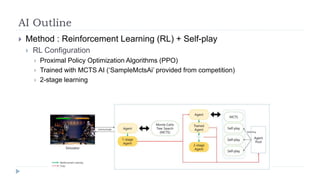 AI Outline
 Method : Reinforcement Learning (RL) + Self-play
 RL Configuration
 Proximal Policy Optimization Algorithms (PPO)
 Trained with MCTS AI (‘SampleMctsAi’ provided from competition)
 2-stage learning
 