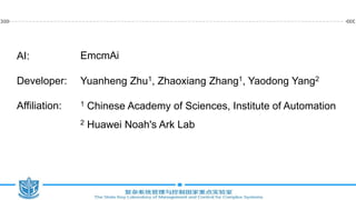 AI:
Developer:
Affiliation:
EmcmAi
Yuanheng Zhu1, Zhaoxiang Zhang1, Yaodong Yang2
1 Chinese Academy of Sciences, Institute of Automation
2 Huawei Noah's Ark Lab
 