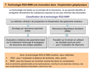 La technologie est basée sur le principe de la résonance, ce qui permet identifier et
enregistrer directement les substances requises et non pas chercher des Anomalies
13
Classification de la technologie RSS-NMR
La méthode «directe» de prospection et d'exploration des gisements minéraux
Sondage par résonance spectrale
(RSS)
Evaluation à distance des gisements basé
sur le traitement infrarouge & analogique
de résonance des images spatiales
Travailler sur le terrain en utilisant
les résultats point par point
• pour l’ évaluation de réservoirs
Ainsi, la technologie RSS & RMN combine deux méthodes
1- RSS - pour l’ evaluation à distance de territoires, sites, points.
2- RMN - pour les travaux sur le terrain comme les blocs ou concessions.
Avec la recherche opérationnelle sur les hydrocarbures, il est fourni une étude des minéraux, des
eaux souterraines fraîches et thermales a terre et en mer
Resonance Magnétique Nucléaire
(RMN)
7. Technologie RSS-RMN une innovation dans d'exploration géophysique
 