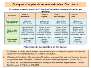 Quelques exemples de sources naturelles d'eau douce
Parametres
Рoint 6
Mauritanie
Point 8
Egypte
Point 9
Mozambique
Рoint 13
Iran
Provenance des
eaux de mers
Atlantique
3 km de large
Mediterranee
8km de large
Ocean Indien.
10 km de large
Caspienne.
10 km de large
Eaux de type
géothermique
Courant de type
Geothermique
Rivières d’eaux
Salées souterraines.
Profondeur ~2000 m
Courant de type
Geothermique
Rivières d’eaux
Salées souterraines.
Profondeur ~ 2500 m
Courant de type
Geothermique
Rivières d’eaux
Salées souterraines.
Profondeur ~ 2300 m
Courant de type
Geothermique
Rivières d’eaux
Salées souterraines.
Profondeur ~ 2000 m
Eaux douces
disponible
3 flux eaux douces.
Profondeur
70m -128m
Multiple flux d’eau
douces.
Profondeur
≥ 200m
Multiple flux d’eau
douces.
Profondeur
≥ 150m
3 flux d’eau
douces.
Profondeur
≥ 180 - 240m
Publications by our scientists on this subject
1. G.A. Bielawski, NI Kovalev. New technologies in remote environmental monitoring of underground and underwater
objects // "Environment and Resources", vol. Number 9, Kiev, 2004., P.7.
2. N.I.Kovalev, etc. Investigation of the mechanism of formation of underground fresh water near the magma chambers
extinguished volcanoes. International Conference «Space technologies in geophysics» //C.P. Russia, 2013.
3. N.I. Kovalev, etc. On the mechanism of formation of underground fresh water near magma chambers. - The book
Scientific works of СНУЯЭиП, vol. 2(46), 2013.
On peut non seulement trouver des "chaudières" naturelles, mais aussi déterminer leur
structure:
 