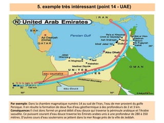 5. exemple très intéressant (point 14 - UAE)
Par exemple: Dans la chambre magmatique numéro 14 au sud de l'Iran, l'eau de mer provient du golfe
Persique. Il en résulte la formation de deux flux d'eau géothermique à des profondeurs de 2 et 3 km.
Conséquences Il s’est donc formé un grand débit d'eau douce qui traverse la péninsule arabique et l'Arabie
saoudite. Ce puissant courant d'eau douce traverse les Émirats arabes unis à une profondeur de 280 à 350
mètres. D'autres cours d'eau souterrains se jettent dans la mer Rouge près de la ville de Jeddah.
 