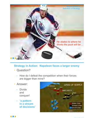 Wayne Gretzky’s
Definition of Strategy
© Copyright 2020 by Peter Aiken Slide #
He skates to where he
thinks the puck will be ...
33https://plusanythingawesome.com
Strategy in Action: Napoleon faces a larger enemy
• Question?
– How do I defeat the competition when their forces
are bigger than mine?
• Answer:
– Divide
and
conquer!
– “a pattern
in a stream
of decisions”
© Copyright 2020 by Peter Aiken Slide # 34https://plusanythingawesome.com
 