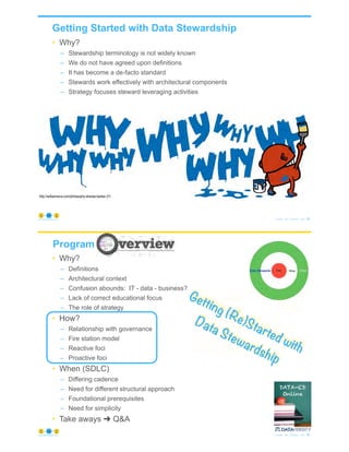 Getting Started with Data Stewardship
• Why?
– Stewardship terminology is not widely known
– We do not have agreed upon definitions
– It has become a de-facto standard
– Stewards work effectively with architectural components
– Strategy focuses steward leveraging activities
© Copyright 2020 by Peter Aiken Slide # 45https://plusanythingawesome.com
http://williamnava.com/philosophy-shaves-barber-21/
• Why?
– Definitions
– Architectural context
– Confusion abounds: IT - data - business?
– Lack of correct educational focus
– The role of strategy
• How?
– Relationship with governance
– Fire station model
– Reactive foci
– Proactive foci
• When (SDLC)
– Differing cadence
– Need for different structural approach
– Foundational prerequisites
– Need for simplicity
• Take aways ➜ Q&A
46
Program
© Copyright 2020 by Peter Aiken Slide #https://plusanythingawesome.com
Getting (Re)Started with
Data Stewardship
 