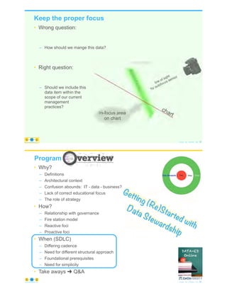 Keep the proper focus
• Wrong question:
– How should we mange this data?
• Right question:
– Should we include this
data item within the
scope of our current
management
practices?
© Copyright 2020 by Peter Aiken Slide # 65https://plusanythingawesome.comhttps://plusanythingawesome.com
• Why?
– Definitions
– Architectural context
– Confusion abounds: IT - data - business?
– Lack of correct educational focus
– The role of strategy
• How?
– Relationship with governance
– Fire station model
– Reactive foci
– Proactive foci
• When (SDLC)
– Differing cadence
– Need for different structural approach
– Foundational prerequisites
– Need for simplicity
• Take aways ➜ Q&A
66
Program
© Copyright 2020 by Peter Aiken Slide #https://plusanythingawesome.com
Getting (Re)Started with
Data Stewardship
 